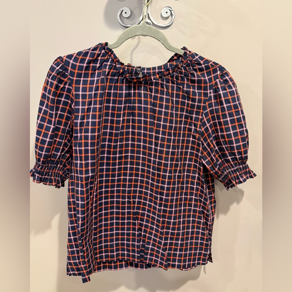 Women’s Navy and Coral Check Puff Sleeve Blouse